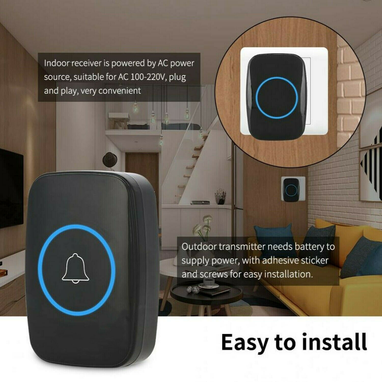 Wireless Doorbell Waterproof Range Door Bells Kit Cordless Plug-in Home Office