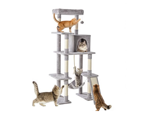 63 inch Cat Tree Tower, Large Multi story Cat Climbing Tower, Natural Sisal Grabber Posts, Extended Platform, Hammock Light Grey - Shop at LoveMi