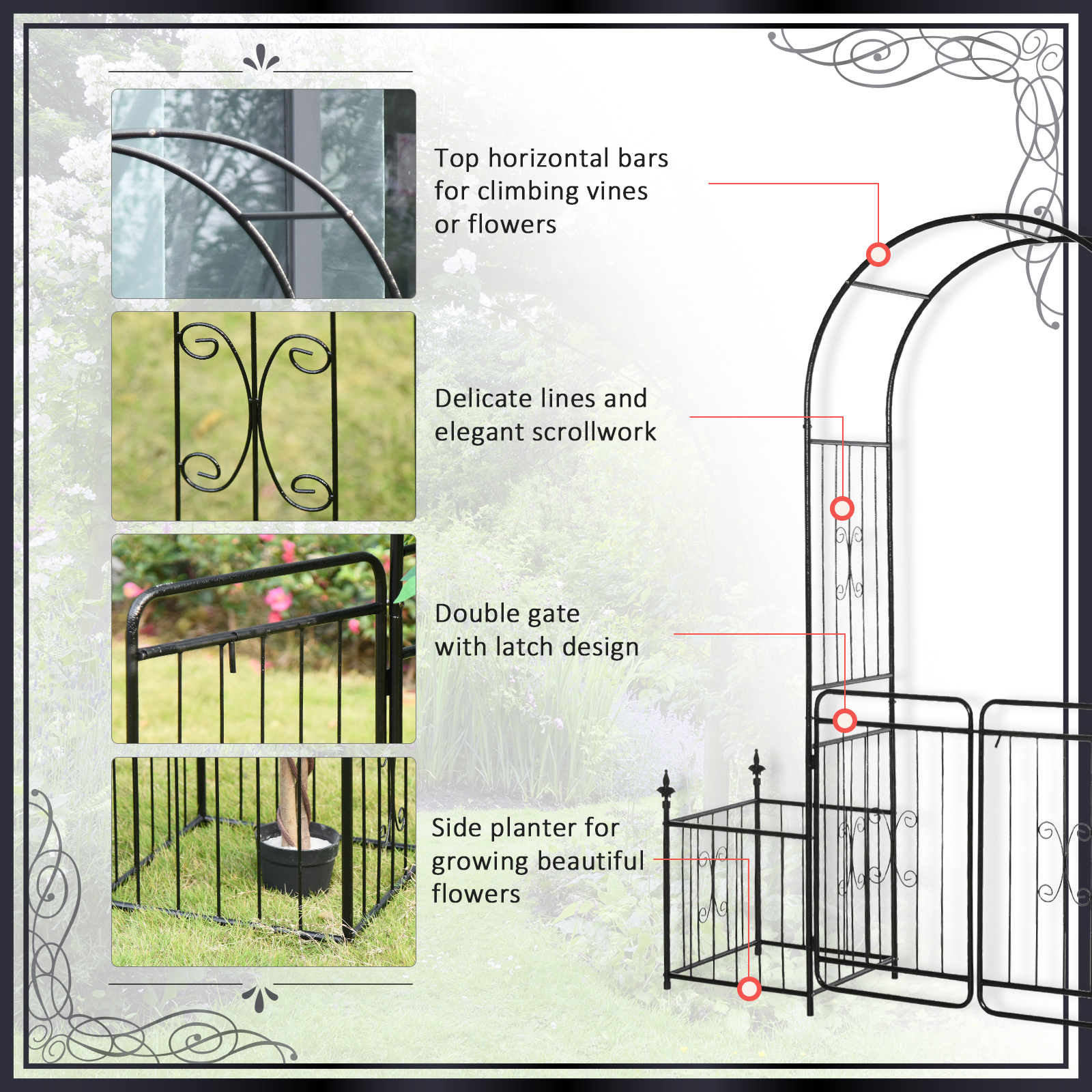 Romantic Archway Metal Garden Arch with Planters - Image 1 of 7