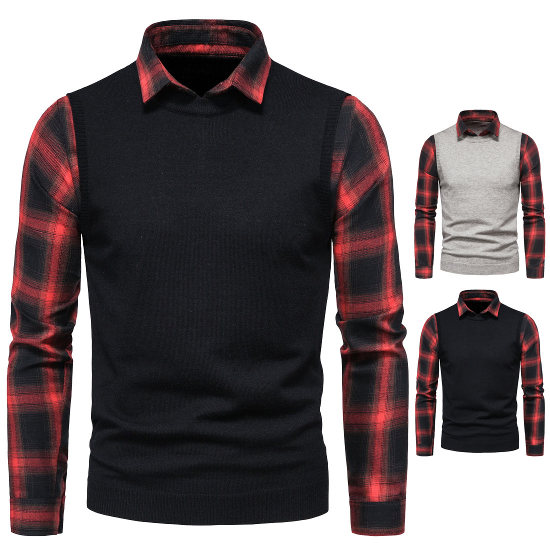 Title 5, Black And Red Plaid Shirt Lapel Fake Two Sweaters