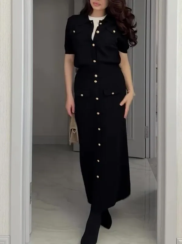 Lapel Short Sleeve Shirt & Single Button Skirt Set Black - Shop at LoveMi