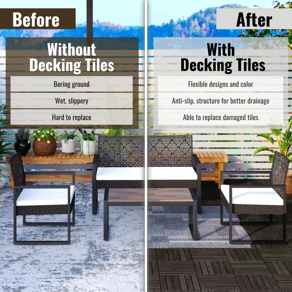 30 PCS Interlocking Deck Tiles Striped Pattern, 12inch X 12inch Dark Brown Square Acacia Hardwood Outdoor Flooring For Patio, Bancony, Pool Side