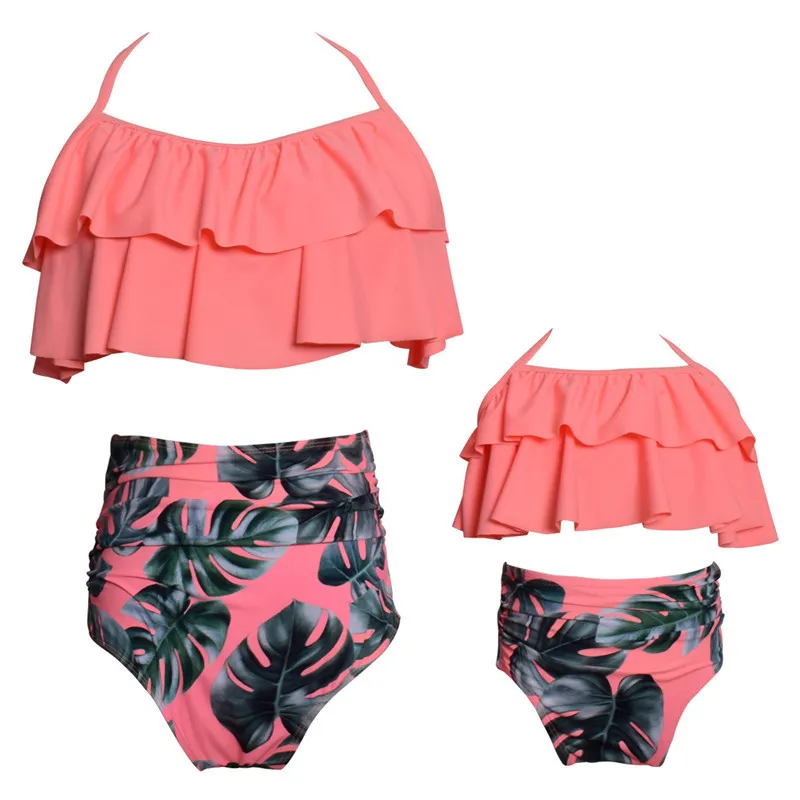 Parent-child Swimsuit Printed High Waist Bikini Ruffled Mother And Daughter Swimwear - Tan