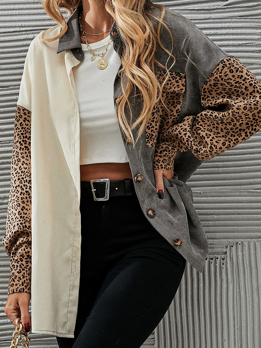 Title 4, Gray Color Block Leopard Patch Corduroy Pullover