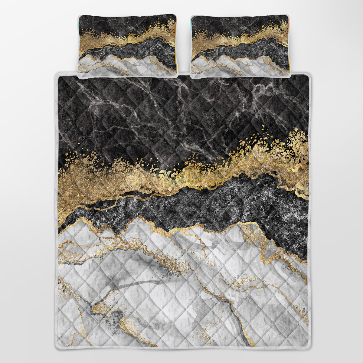 Marble Quilt Set 3 Piece, Lightweight Microfiber Coverlet Black White Gold Foil Marble Bedspread Set, 1 Quilt,2 Pillow Shams