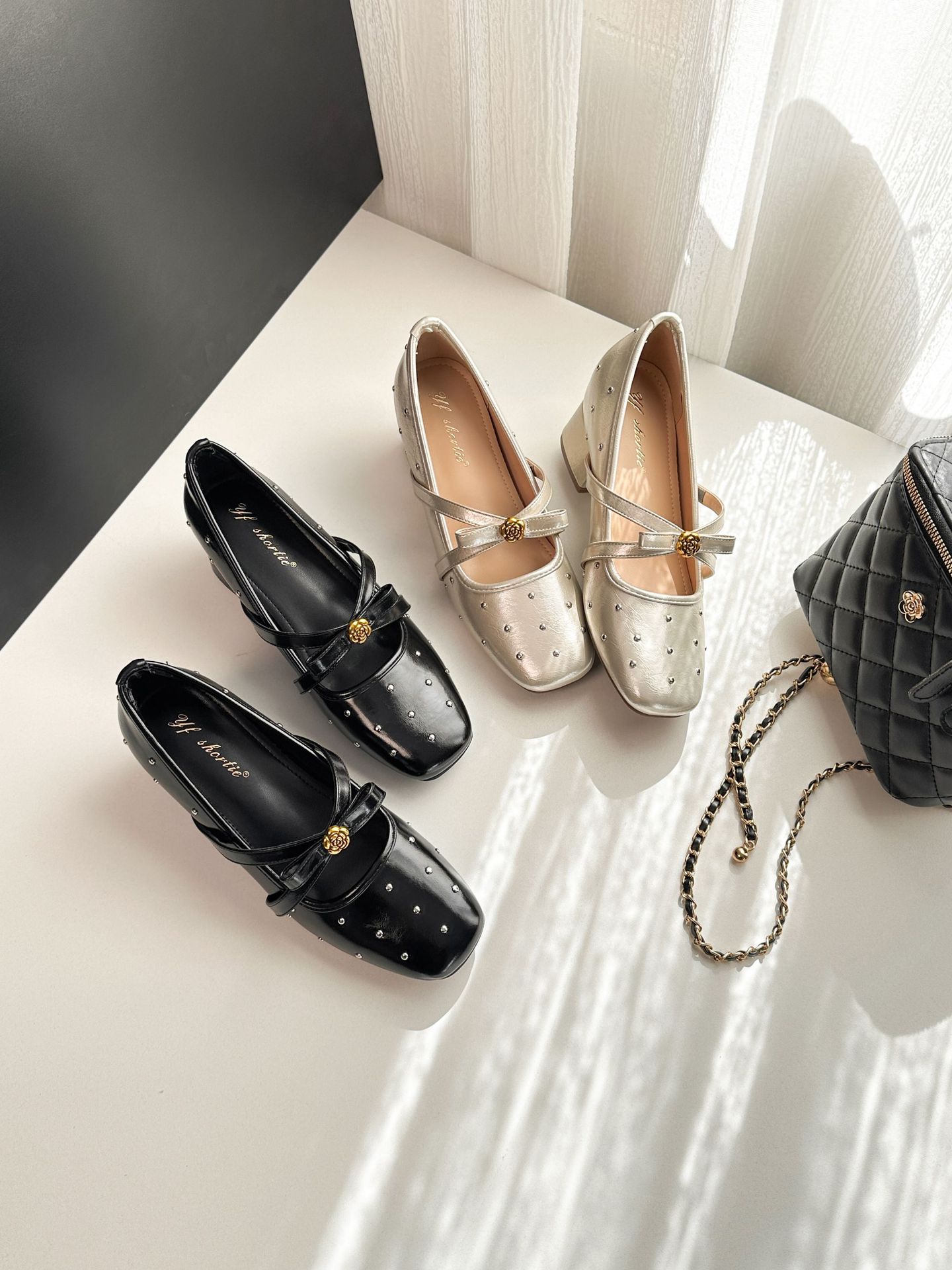 2026 Women's Camellia Metal Cross Strap Block Heel Pumps, Rhinestone Mary Jane Shoes