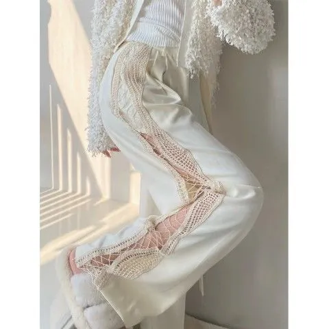Spring And Autumn High Waist Straight Hollow Design Casual Pants White - Shop at LoveMi