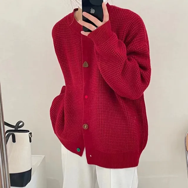 Women's Lazy And Gentle Color Button Sweater Coat Red - Shop at LoveMi