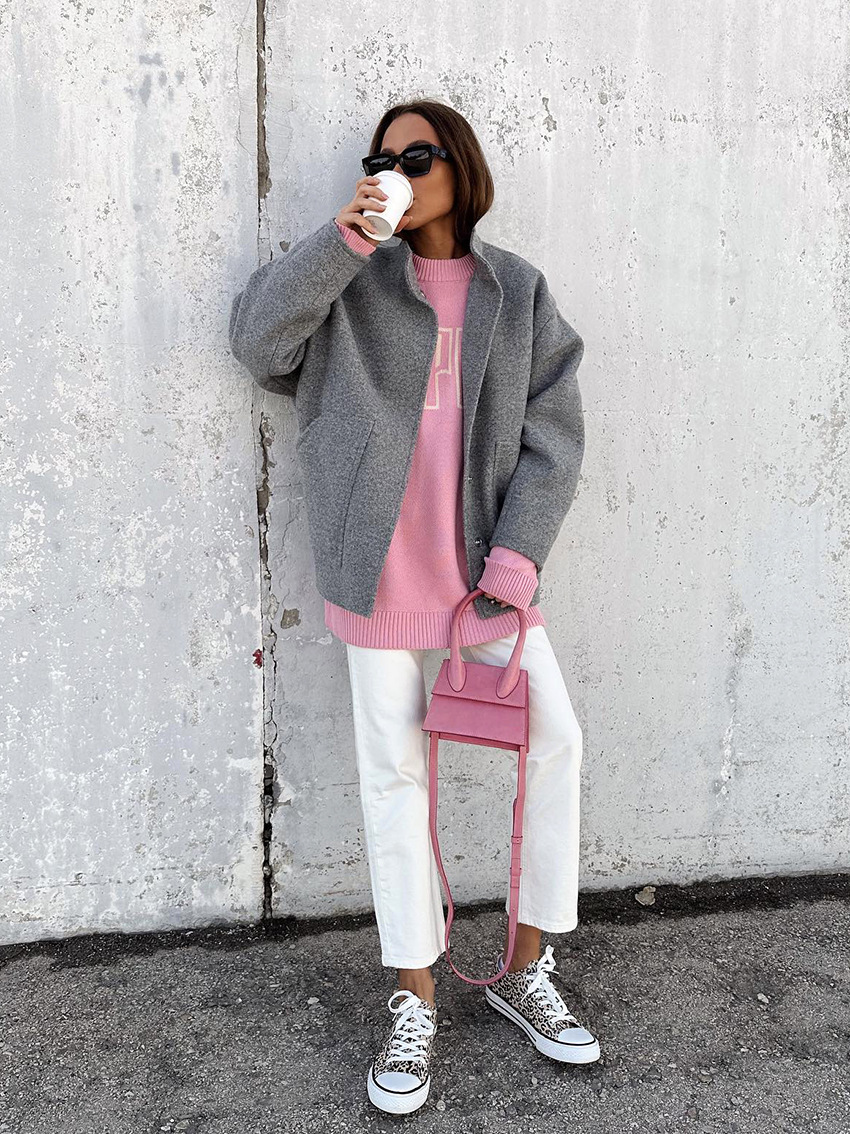 Women's Fashionable Simple Gray Woolen Coat