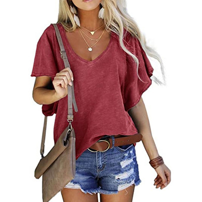 Solid Color Loose V neck Short sleeved T shirt Red - Shop at LoveMi