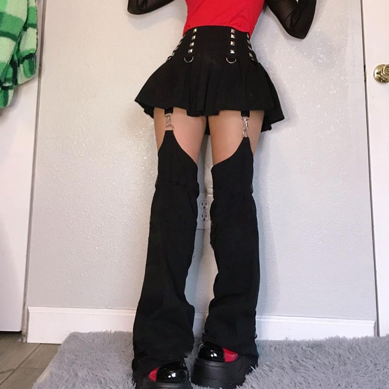 Dark Street Trendy Cool Rivet Denim Washed Pleated Skirt Pants