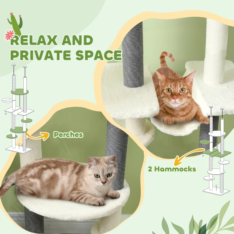 PawHut Floor To Ceiling Cat Tree With Scratching Posts, Hammock, Perches & Toy Balls, White