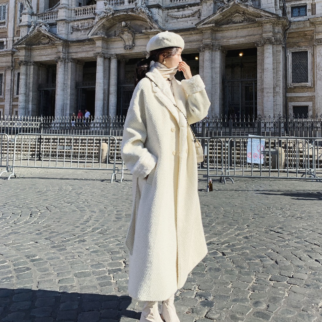 Faux Rabbit Fur Suit Collar Double-breasted Belted Woolen Coat