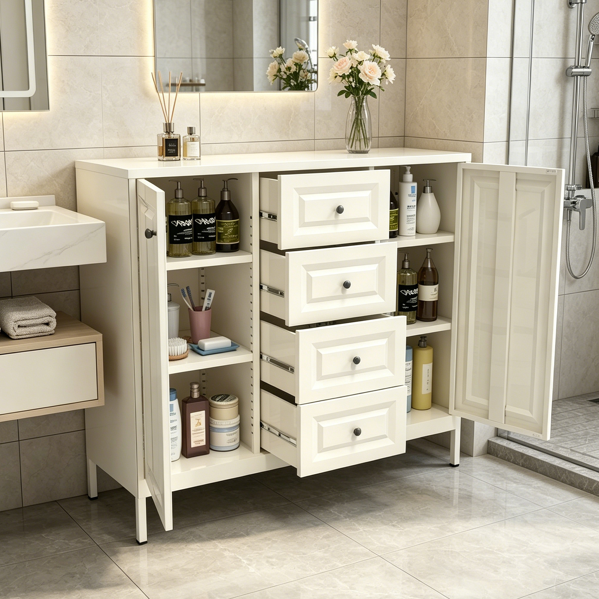 40.16'' Storage Sideboard Buffet Cabinet, Freestanding Accent Cabinet With 4 Drawers & 2 Doors, Adjustable Shelves Console Cabinet For Living Room, Kitchen ,Entryway ,Hallway ,Laundry Room Beige — foto 8