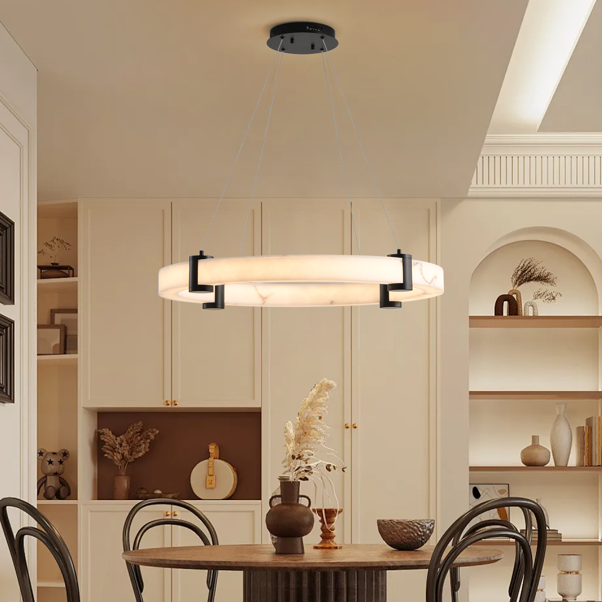 Modern LED Pendant Light, 24-Inch Round Hanging Chandelier With Adjustable Height, Marble Finish Resin Ring Ceiling Light For Dining Room, Kitchen Island, Living Room