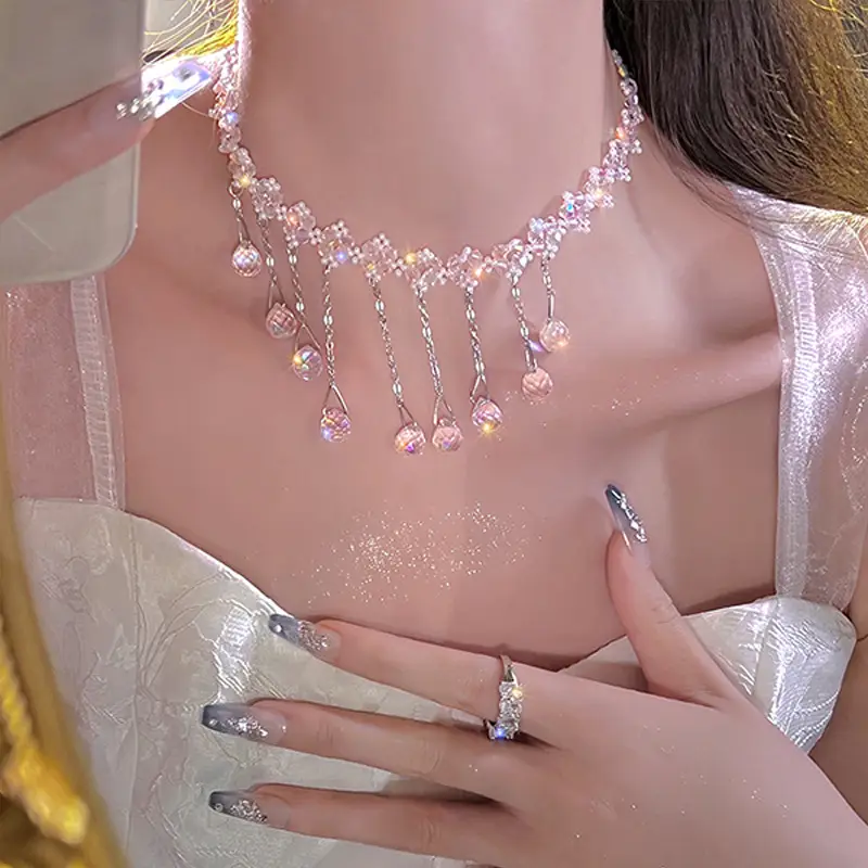 Pearl Crystal Tassel Necklace Female Clavicle Chain