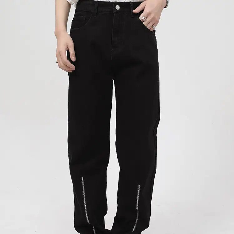 Men's Double Zipper Split Black Jeans