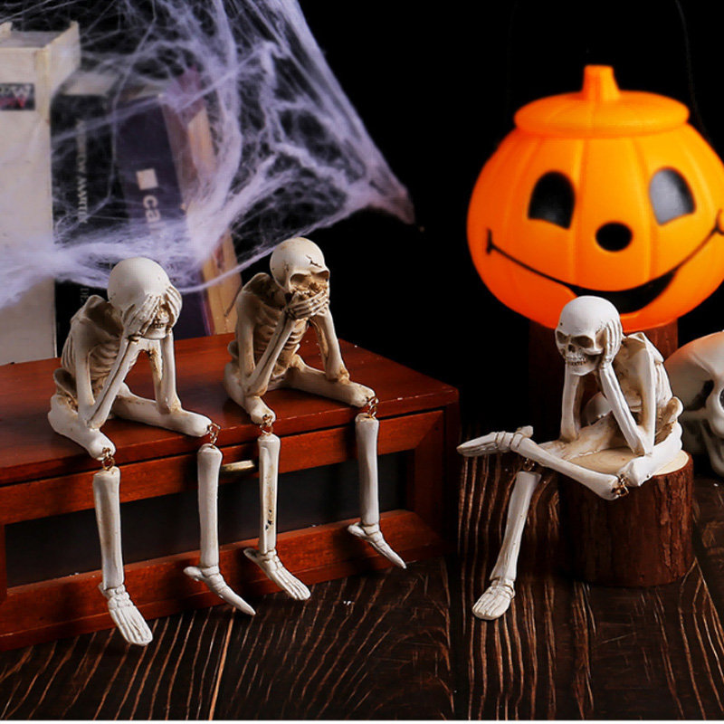 Halloween Skeleton Figurines Set Of 3, Resin See No Evil Hear No Evil Speak No Evil Skeleton Statues, Gothic Shelf Tabletop Mantel Indoor