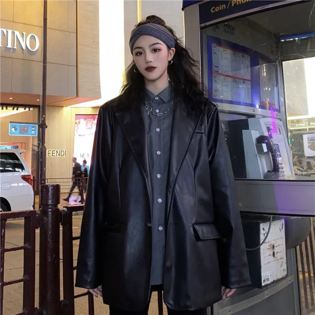 Fashion Spring And Autumn Drape Niche Dark Leather Jacket Loose Retro Black - Shop at LoveMi