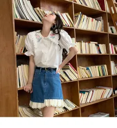 Doll Collar Loose Embroidered Short Sleeve Student Shirt - Red - View 1