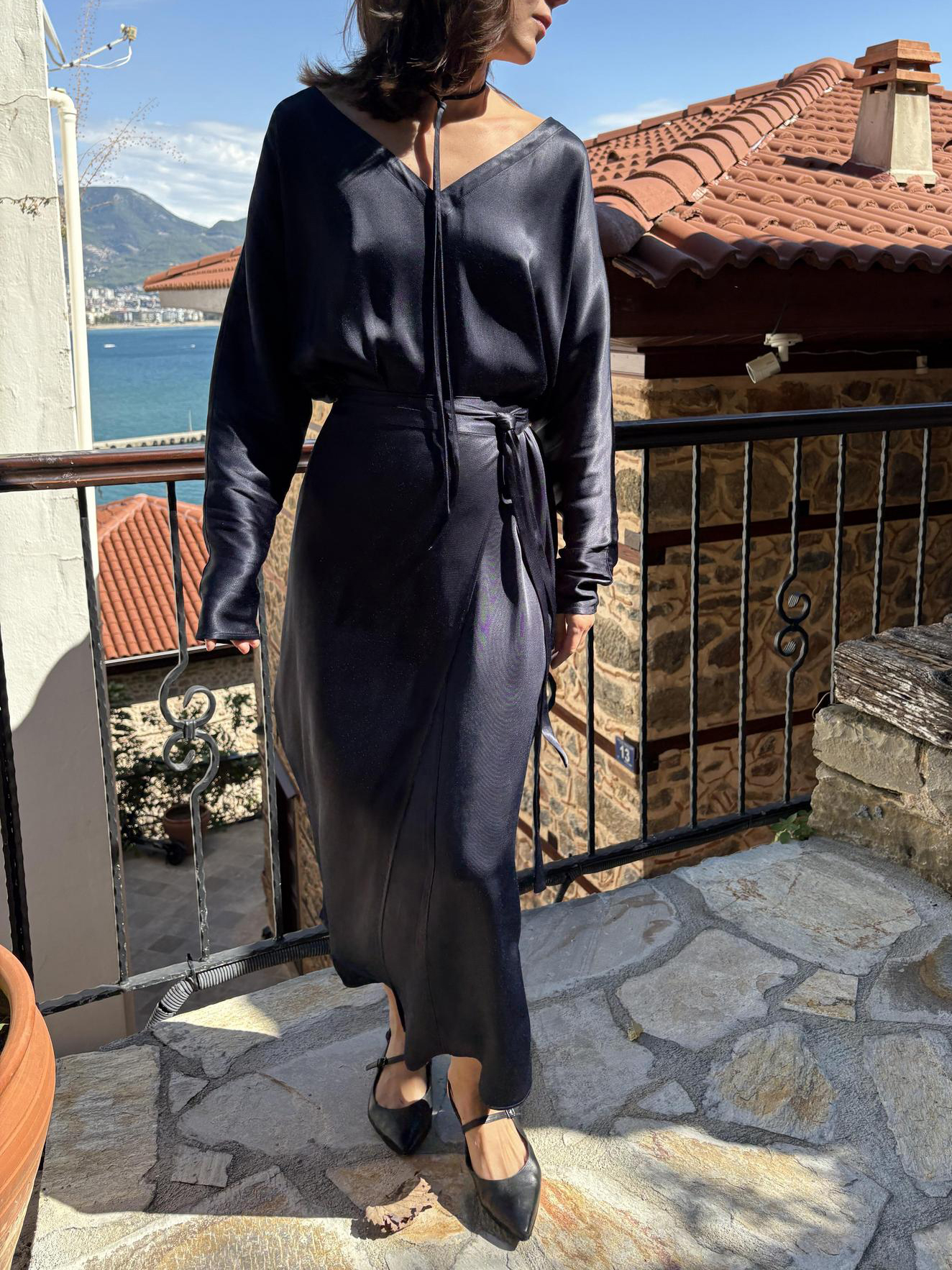 Navy Blue Satin Tie-Waist Slit Long Sleeve Maxi Dress