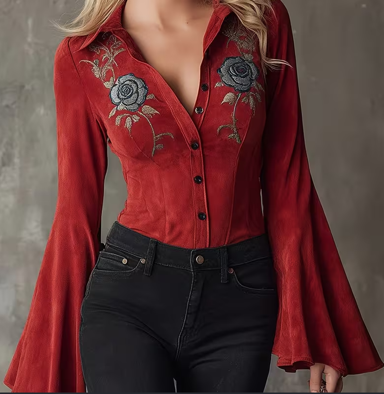 Retro Collar Button-down Slim-fit Bell Sleeve Top - Red-S