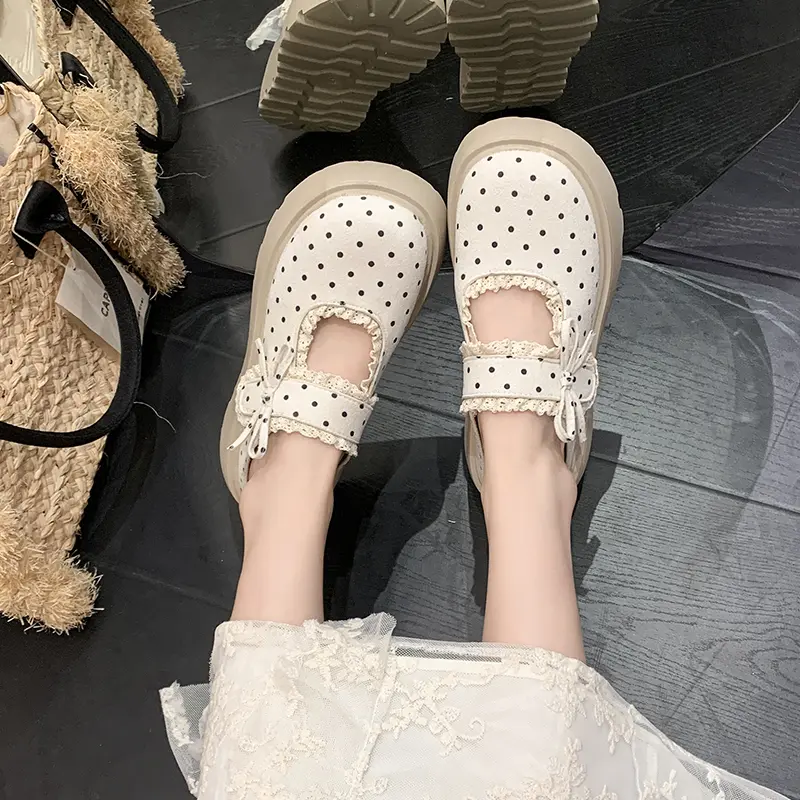 Women Sweet Lolita Polka Dot Lace Trim Platform Mule Flats Matching Daily