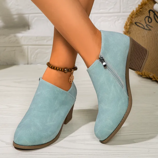 Chunky Heel Round Toe Ankle Boots With Side Zipper Design Fashion Fall Winter Short Boots For Women Shoes Blue - Shop at LoveMi