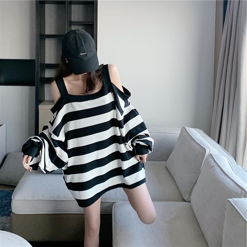 Loose Lantern Sleeves Striped Sweater Women's Western Style Top