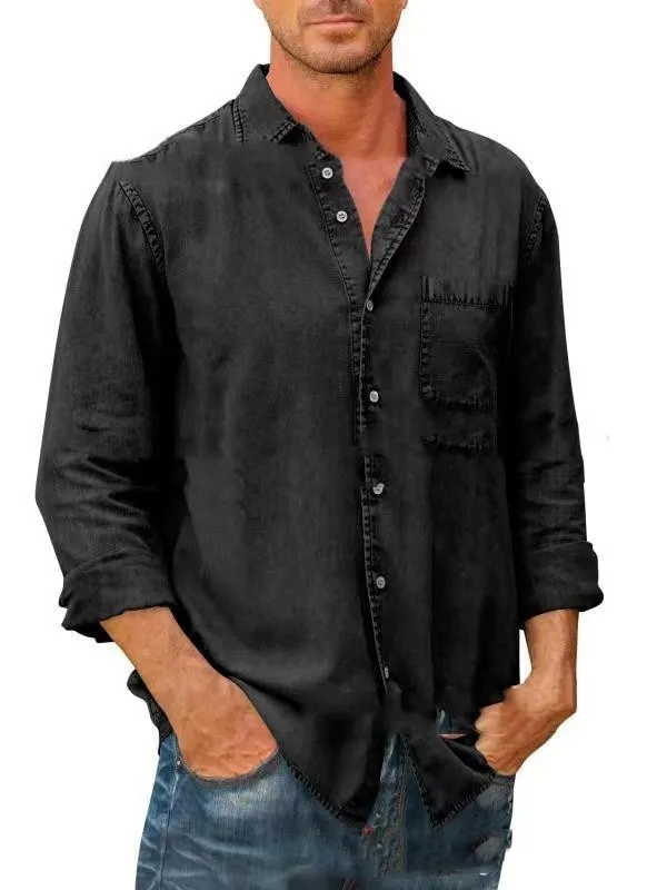 Lapel Solid Color Pocket Single Breasted Shirt Men's Long Sleeve Wash Water Shirt Top Black - Shop at LoveMi