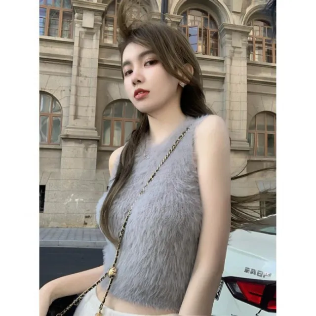 Autumn And Winter Outerwear Short Exposed Navel Sexy Suspender Top Grey - Shop at LoveMi