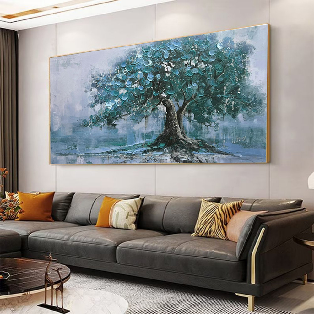 Large Handpainted Palette Knife Green Big Tree Oil Painting On Canvas Modern Abstract Landscape Art Poster Wall Pictures Home Decor - Image 3