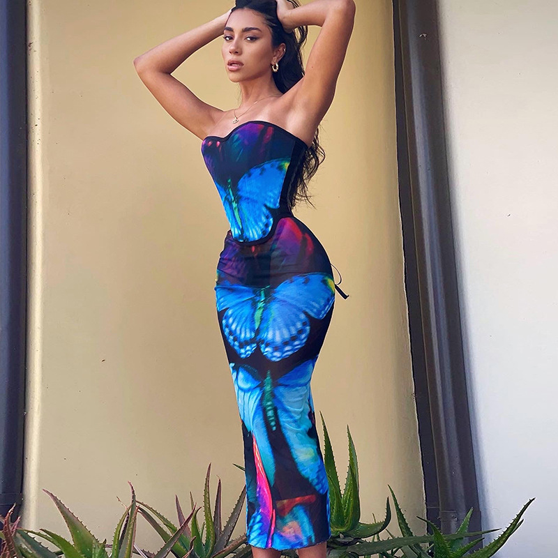 Leisure Butterfly Print Chest Binding Dress