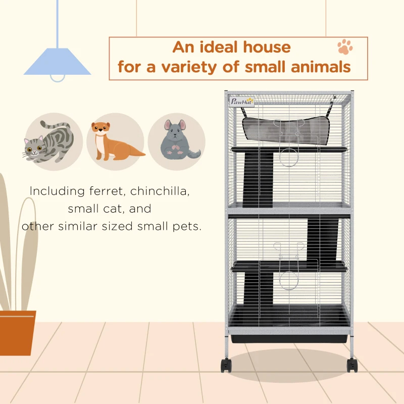 PawHut Rolling Small Animal Cage With Hammock, Ferret Cage, Chinchilla Cage, Pet Habitat With 6 Doors, Removable Tray