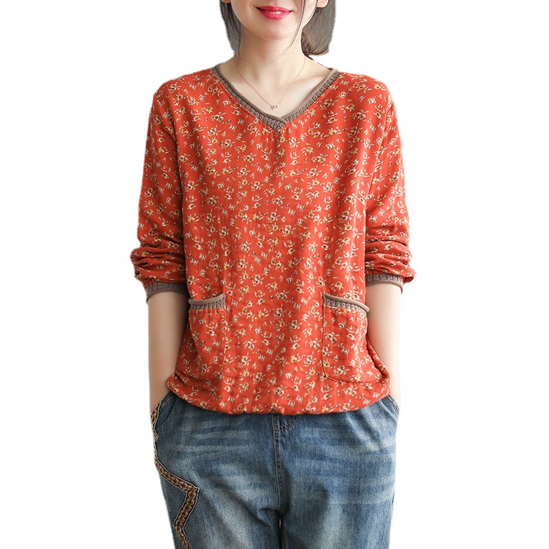 Retro Floral V Neck Long Sleeved T Shirt Women Spring New Double Layer Cotton Yarn Wild Loose Top
