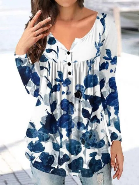 Loose Floral Print Half Open Button Top 1 Style - Shop at LoveMi