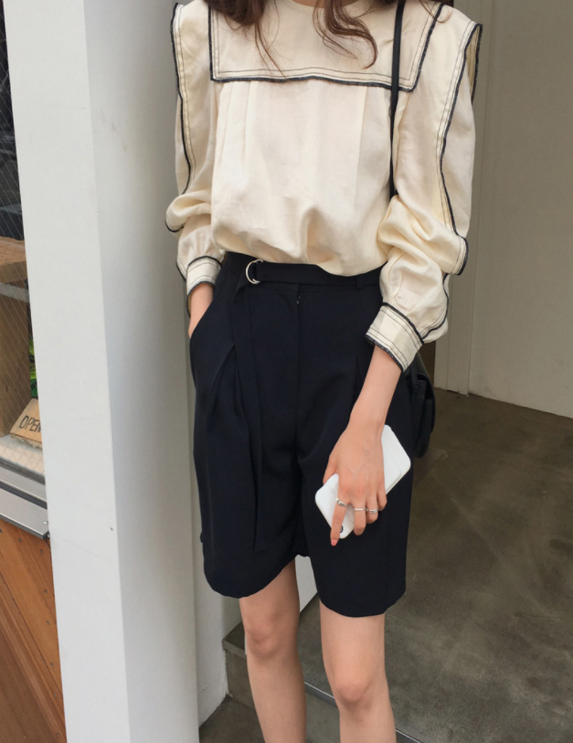 Korean Ins Autumn Retro Navy Collar Stitching Cotton And Linen Niche Design Shirt