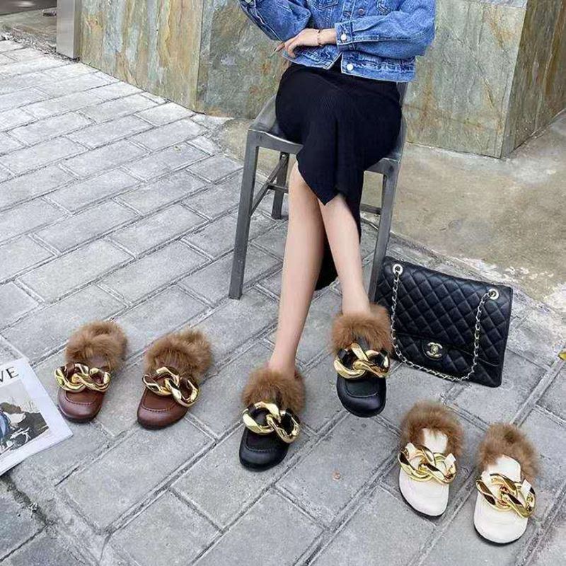 Large Chain Wool Slippers Women's Thick-soled Round Head Baotou Slippers