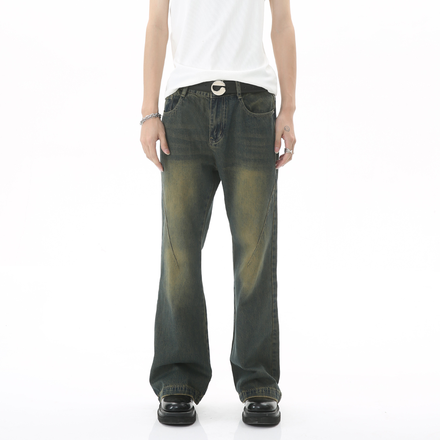 Men's Hong Kong Style Retro Distressed Blue Mid-high Waist Loose Jeans