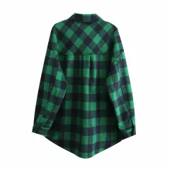 Autumn And Winter French Vintage Pocket Trimmed Wool Plaid Shirt Coat - Green - View 1