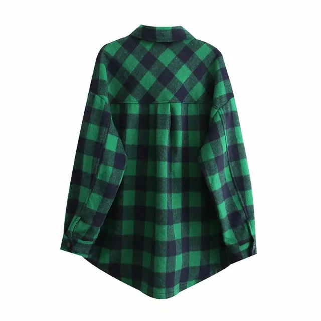 Autumn And Winter French Vintage Pocket Trimmed Wool Plaid Shirt Coat Green - Shop at LoveMi