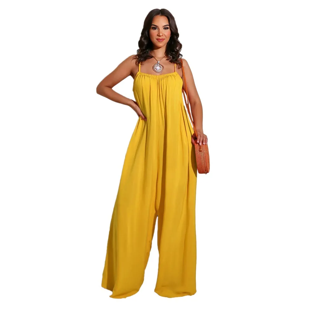 Solid Color Casual Sling Women's Jumpsuit - Yellow