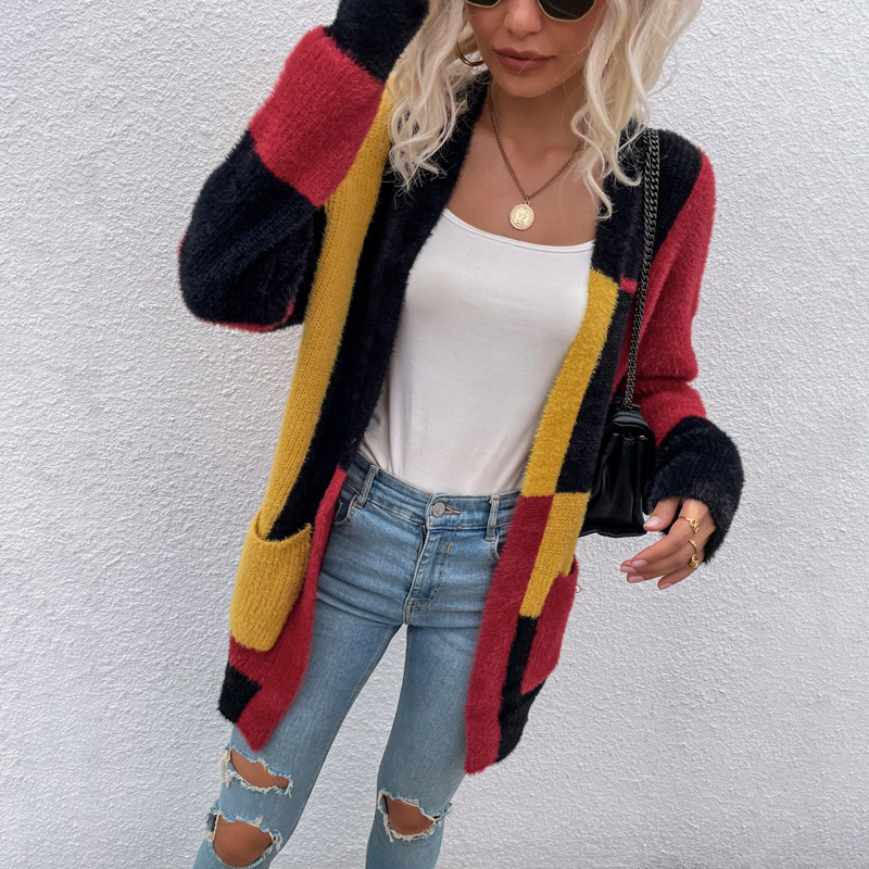 Autumn And Winter Sweater Women's Imitation Mink Fur Irregular Square Stitching Hit Color Cardigan
