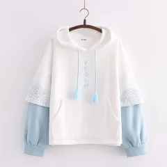 Embroidered Sleeves Wave Print Contrast Color And Velvet Padded Pullover Sweater Women - Red - View 1