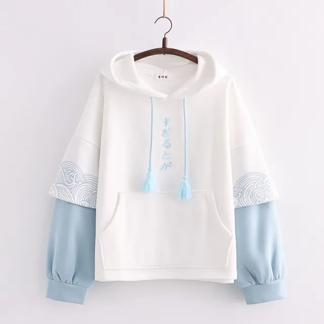 Embroidered Sleeves Wave Print Contrast Color And Velvet Padded Pullover Sweater Women Red - Shop at LoveMi