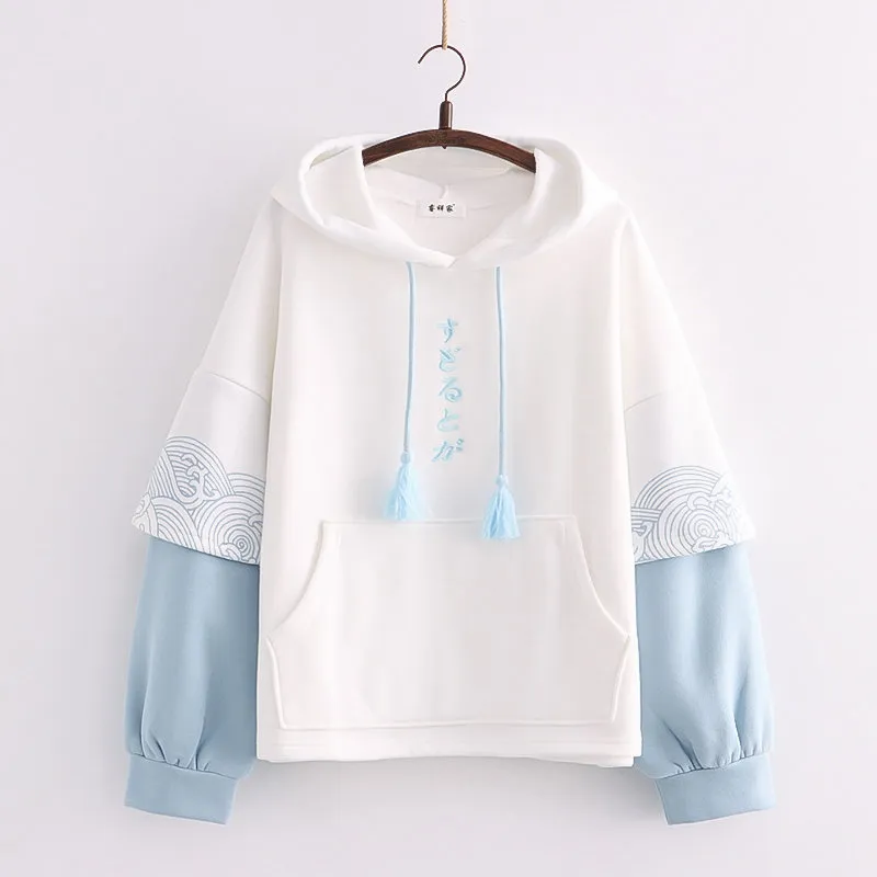 Embroidered Sleeves Wave Print Contrast Colour And Velvet Padded Pullover Sweater Women - Red