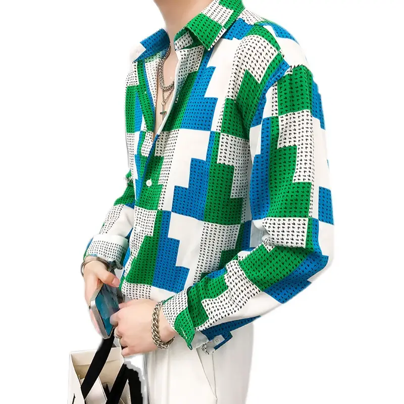 Men's Long Sleeve Printed Shirt With Color Contrast Design