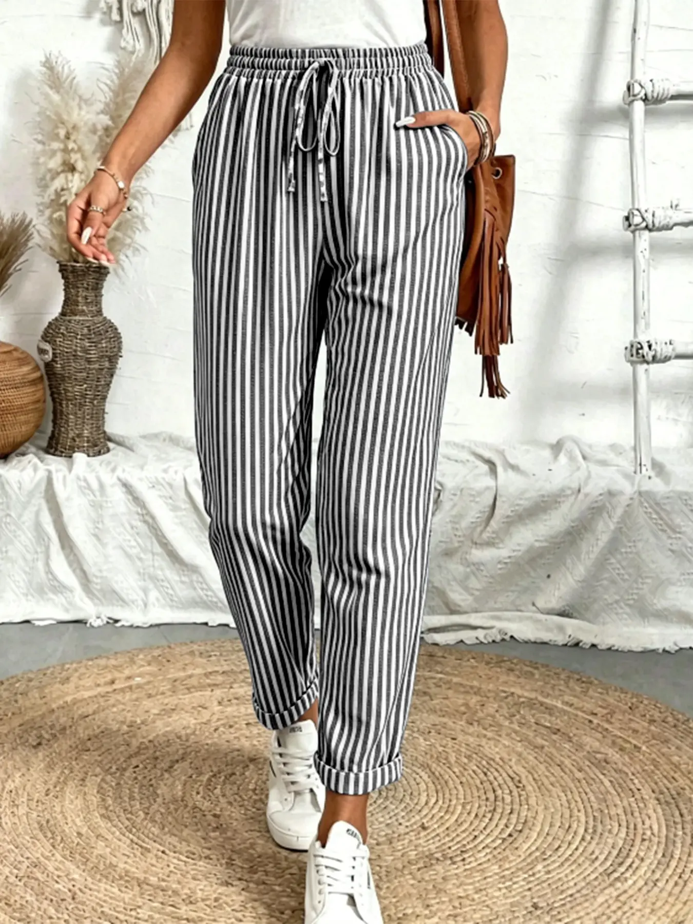 In Stock Women's Striped Drawstring Casual Versatile