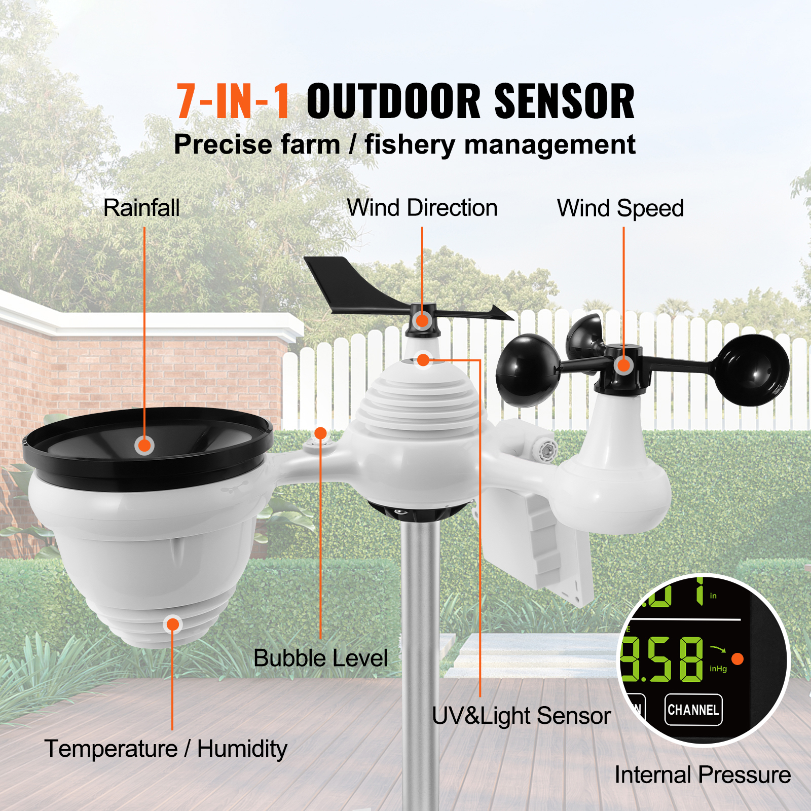 VEVOR 7in1 WiFi Weather Station, 7.5 In Color Display, Home Weather Station Indoor Outdoor, With Solar Wireless Outdoor Sensor  Alarm Alerts, For Temperature Humidity Wind SpeedDirection Rain