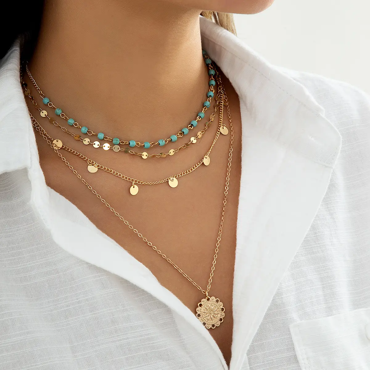 Simple Slim Chain Turquoise Beaded Flower Disk Pendant Necklace For Women